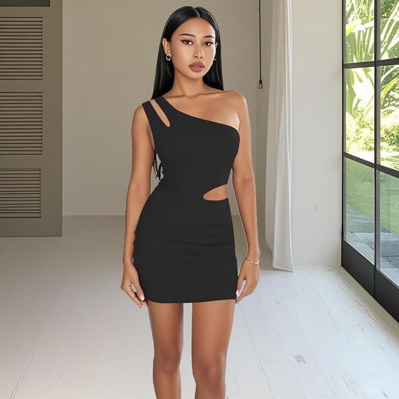 Women's One Shoulder Bodycon Dress Mini Asymmetrical Cut Out Club Wear - Picture 4 of 6
